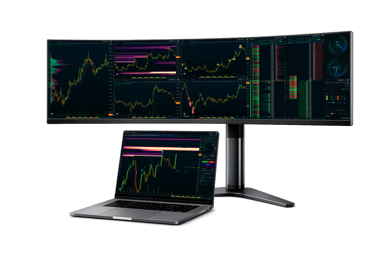 QV Terminal saved Boards with multiple charts, heatmaps, order-book depth, thermometers and trade controls across a monitor and laptop