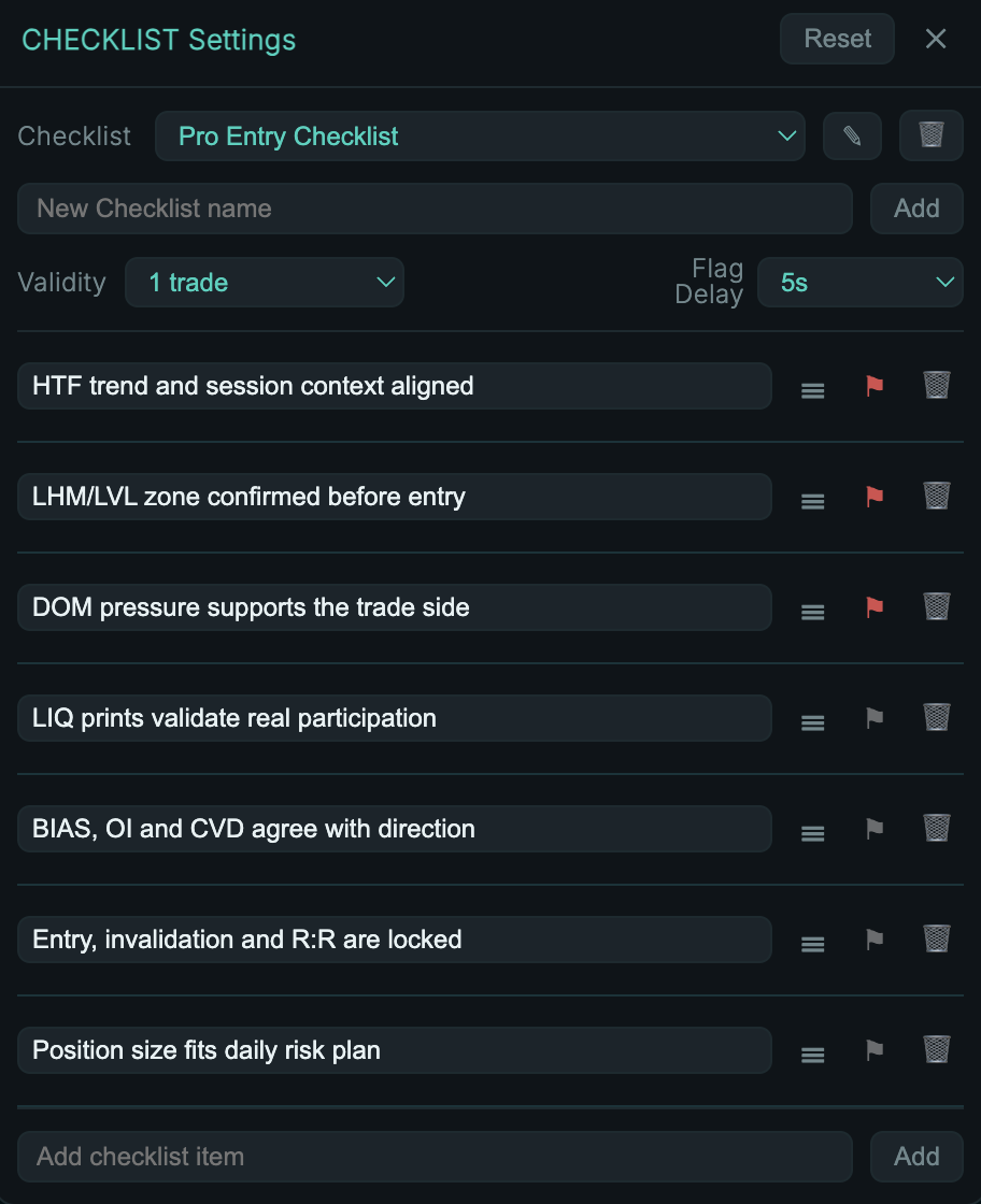 QV Terminal checklist settings window