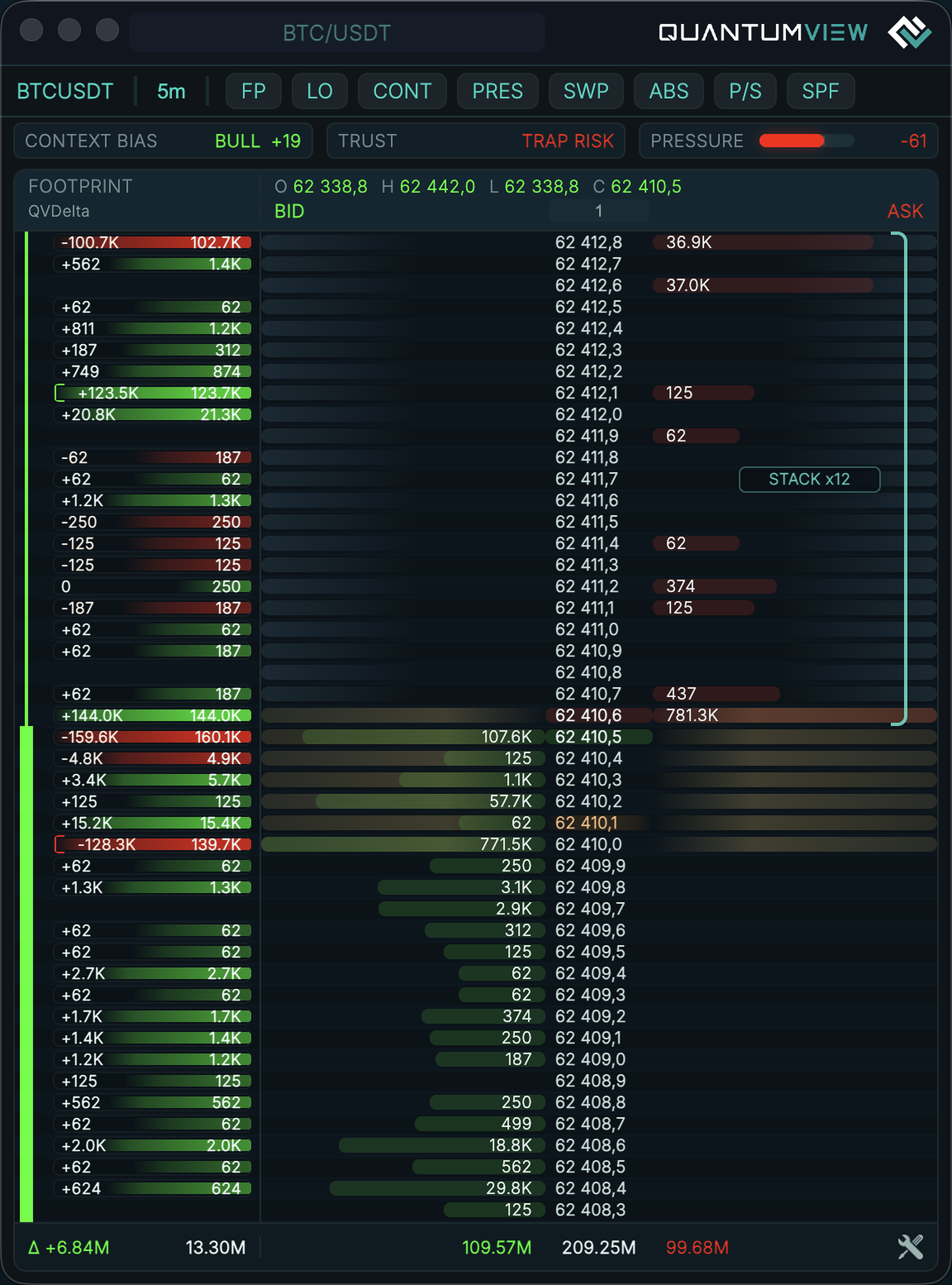 QV Terminal DepthX order book with footprint, pressure, context and settings control
