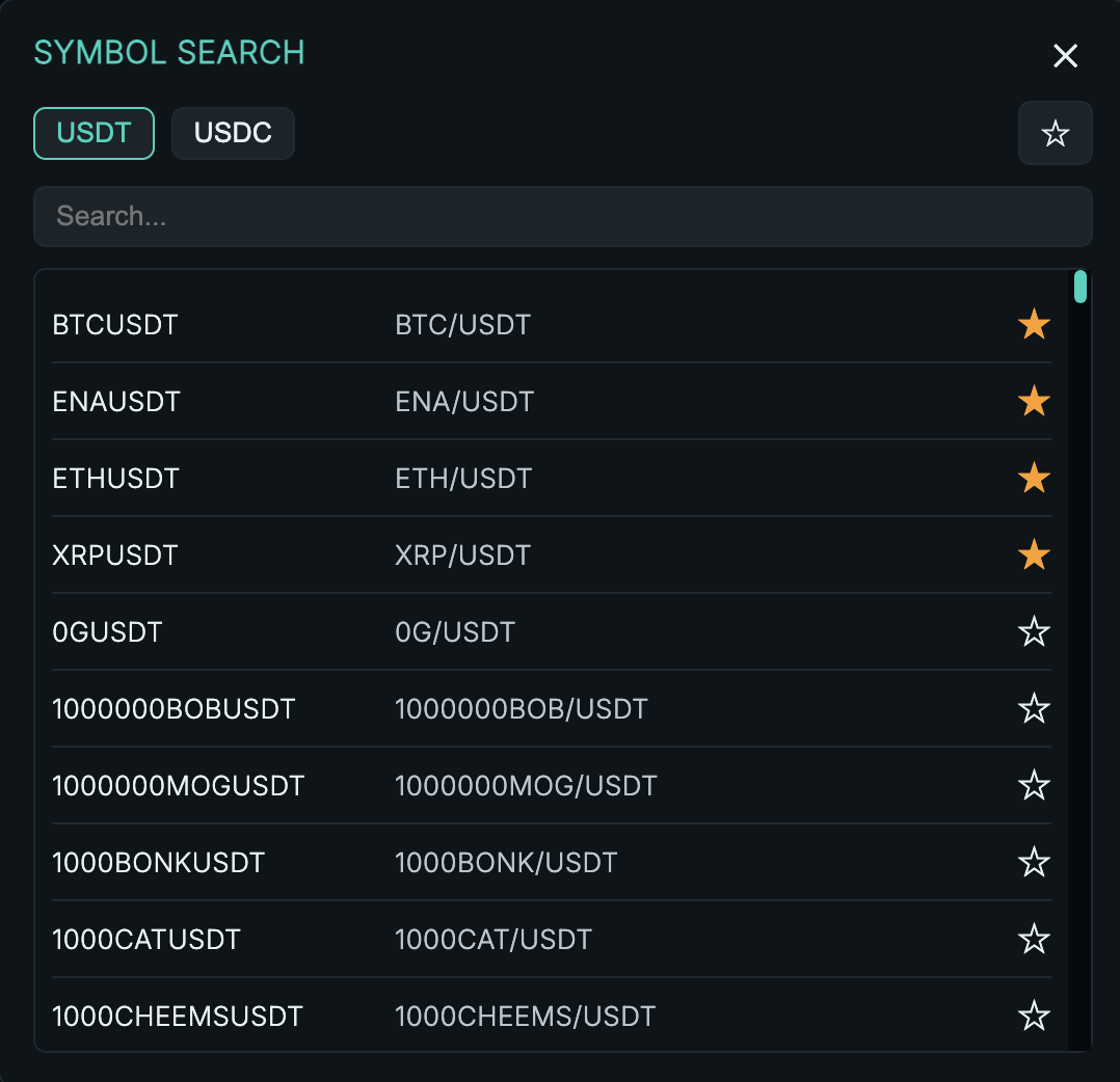 QV Terminal symbol picker with futures search, USDT and USDC filters